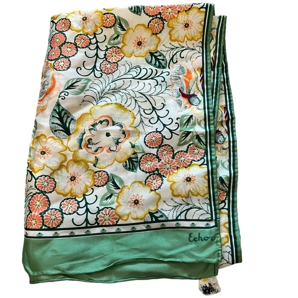 Vintage Echo Green & Peach Floral Scarf Mod 14x45”
